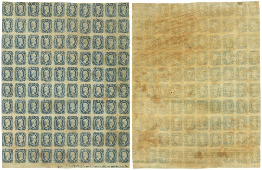 10 Cent Blue #11 - Uncut Confederate Stamp Sheet of 100 - Confederate Stamps