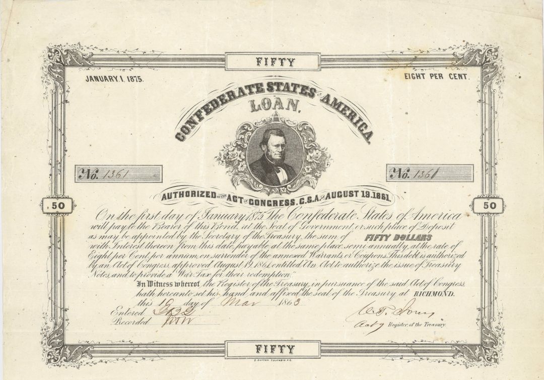 $50 Confederate States of America - Criswell-20 - 1861 dated Confederate Bond