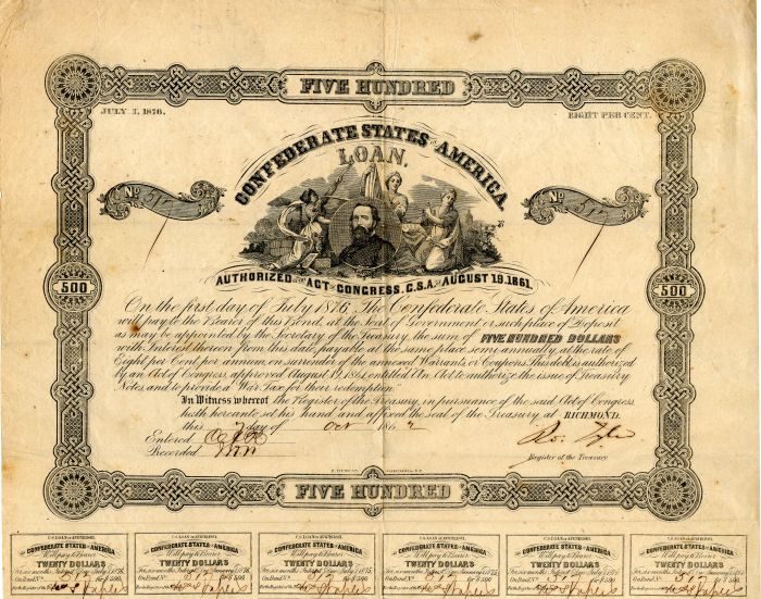 $500 Confederate States of America - CR-67 Confederacy Bond