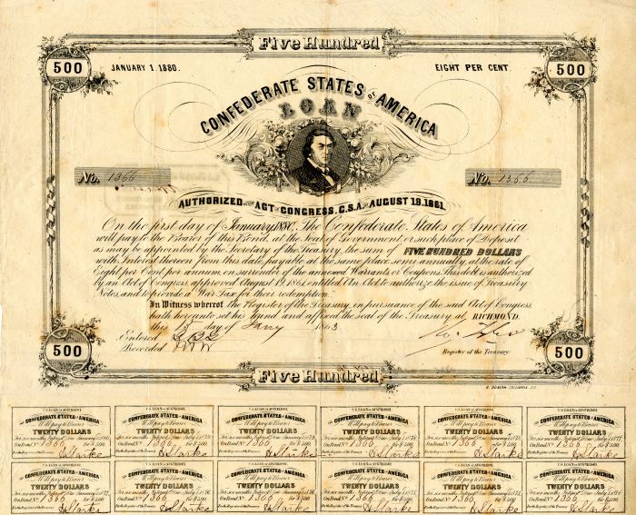 $500 Confederate States of America - Criswell 73 Bond