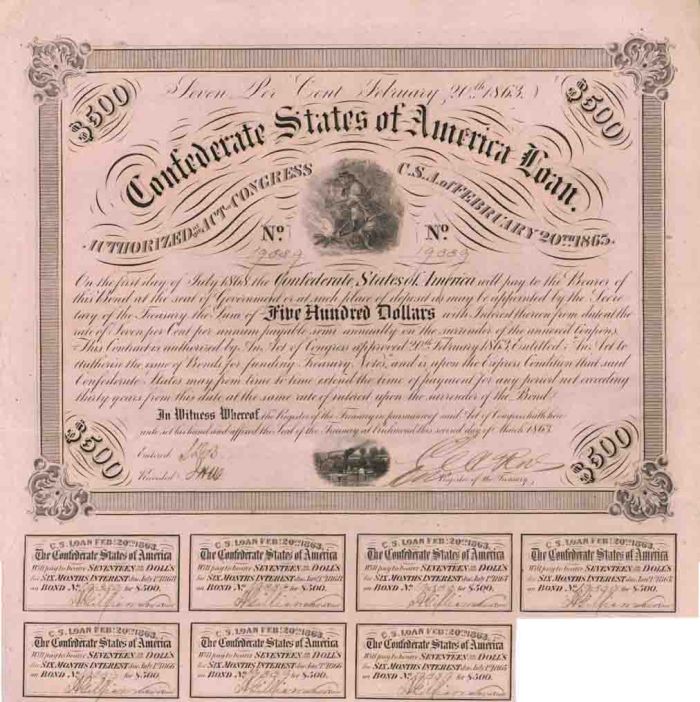 $500 Confederate States of America - Criswell-121 Civil War Bond