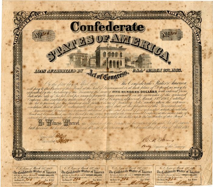 $500 Confederate States of America - Bond