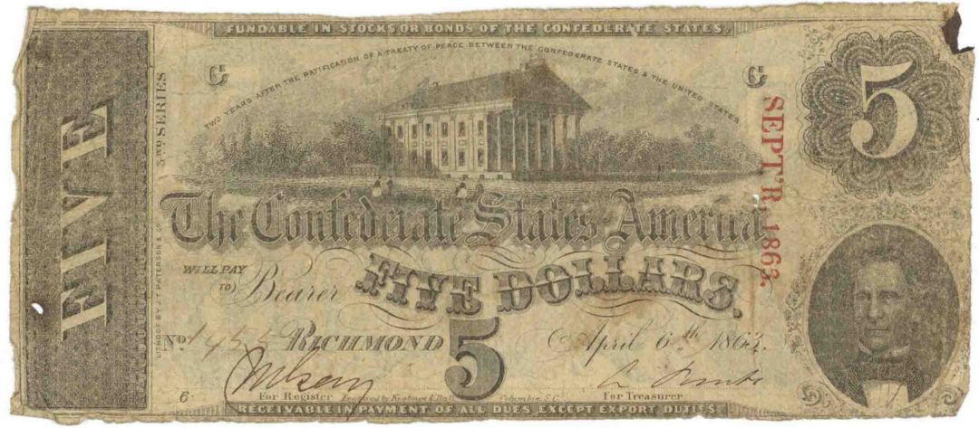 $5 Confederate Note - T-60 - CR-450-64 - Confederate States of America