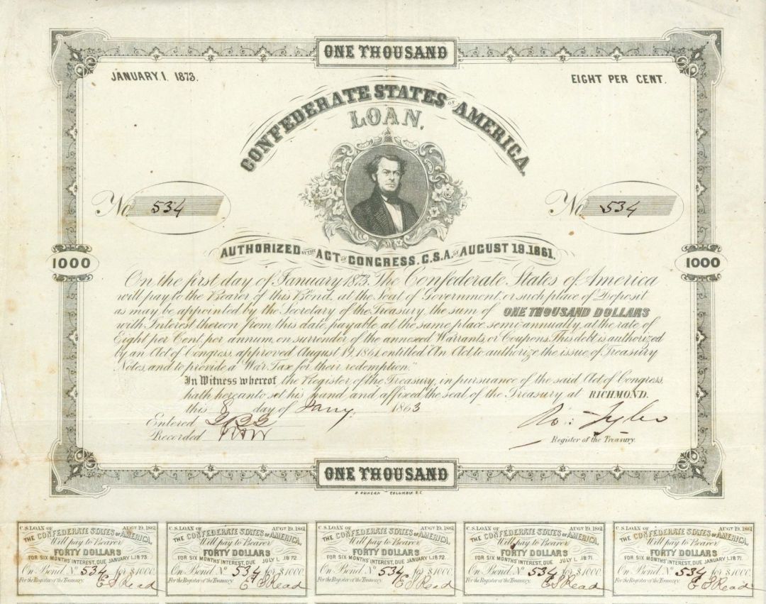 $1,000 Confederate States of America - CR-89 - 1863 dated Confederate Bond
