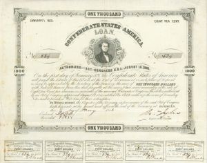 $1,000 Confederate States of America - CR-89 - 1863 dated Confederate Bond