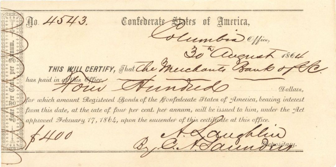 $400 Confederate States of America - 1864 dated Confederate Bond