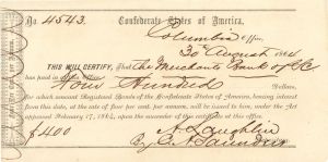 $400 Confederate States of America - 1864 dated Confederate Bond