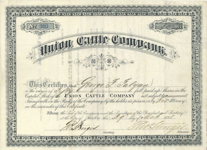 Union Cattle Co. - Stock Certificate