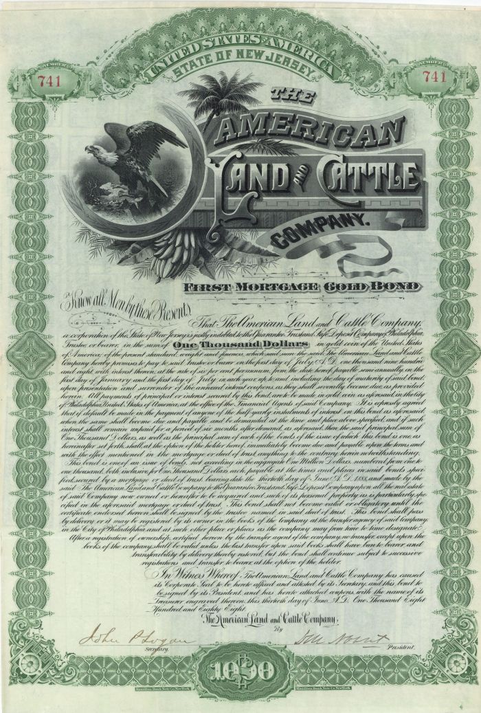 American Land and Cattle Co. - 1888 dated $1,000 Land and Cattle Gold Bond