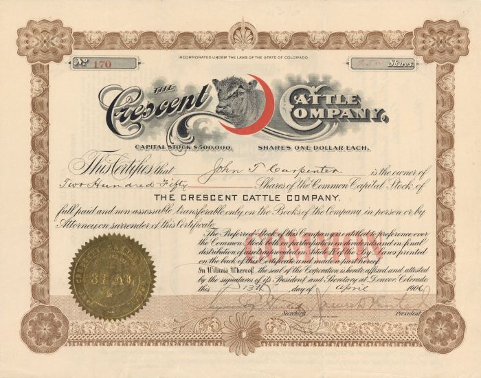 Crescent Cattle Co. - Stock Certificate