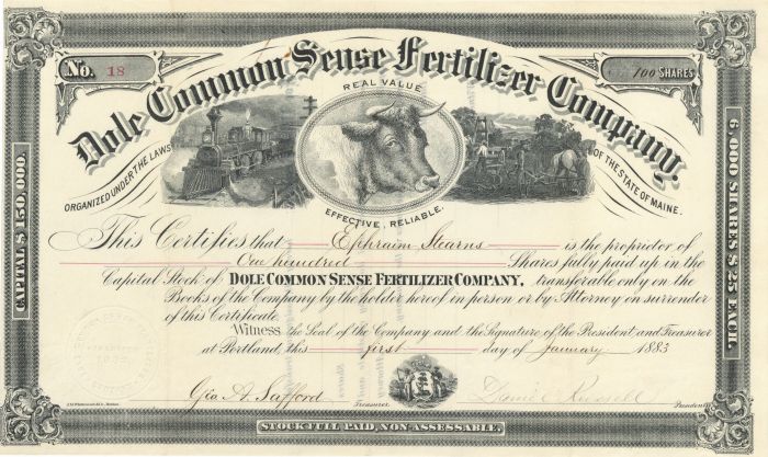 Dole Common Sense Fertilizer Co. - Stock Certificate
