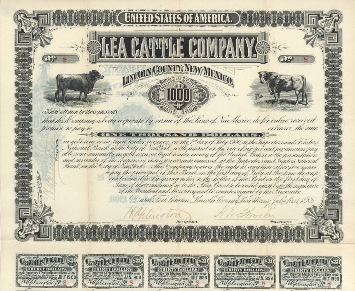 Lea Cattle Co. - 1885 dated $1,000 Cattle Bond - Lincoln County, New Mexico