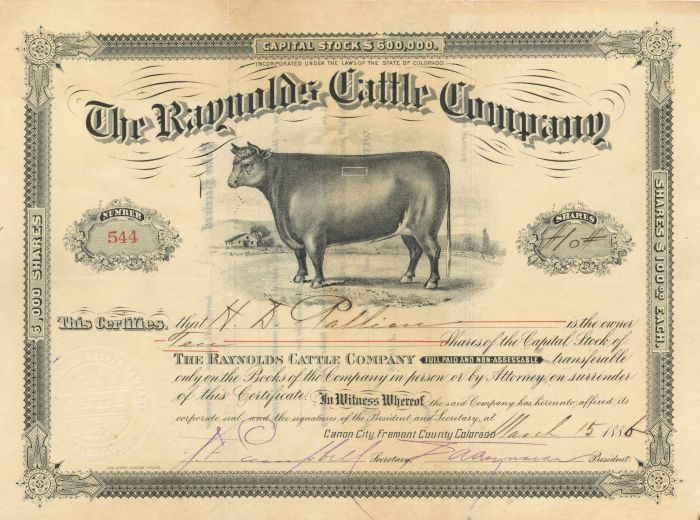 Raynolds Cattle Co. - Stock Certificate