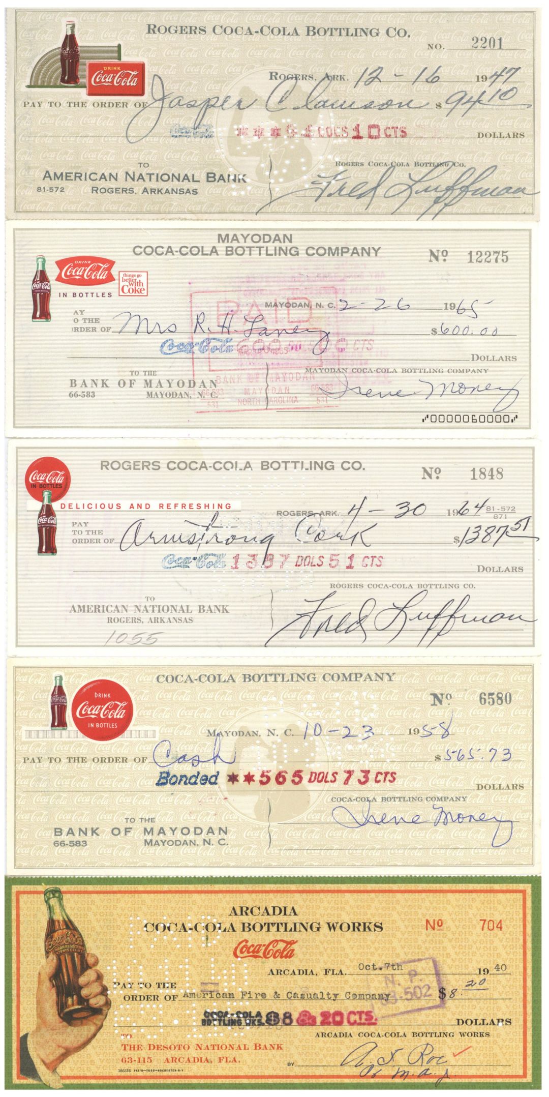 Coca-Cola Bottling Co. Collection of Five Checks (Coke) - 1940's-1970's dated Group of 5 Checks