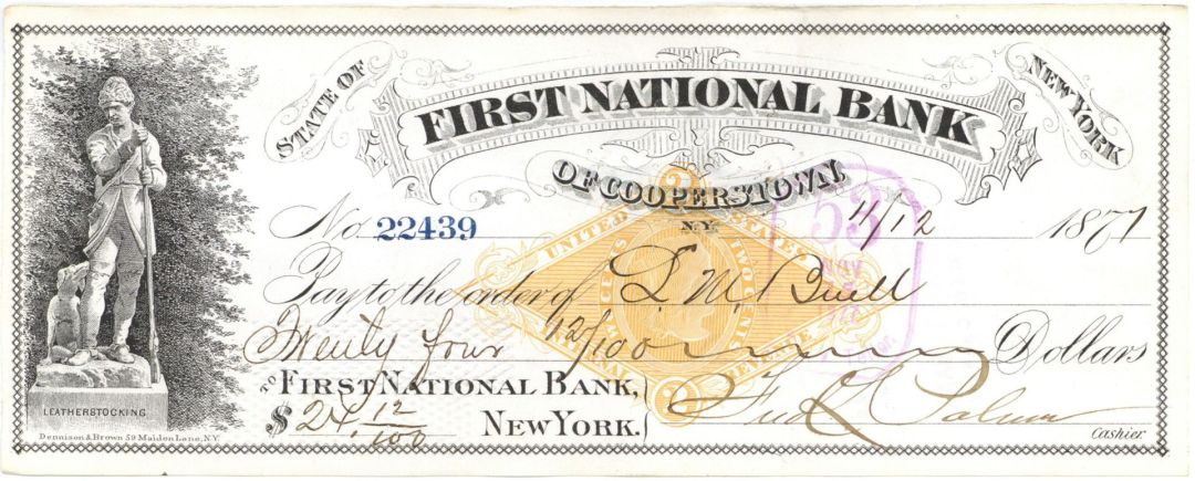 First National Bank of Cooperstown, NY - 1870's dated Check - Baseball Hall of Fame Town