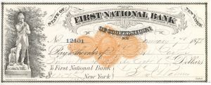 First National Bank of Cooperstown, NY - 1870's dated Check - Town of the Baseball Hall of Fame