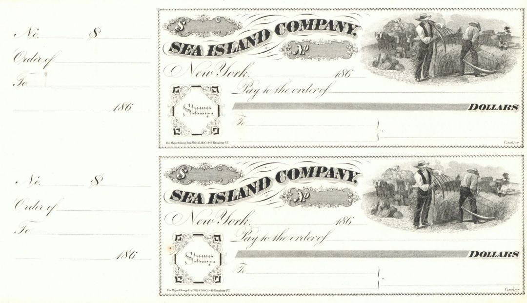 Sea Island Company - Cotton - 1860's dated Uncut Pair of Checks - Great History - South Carolina, Georgia, & Florida