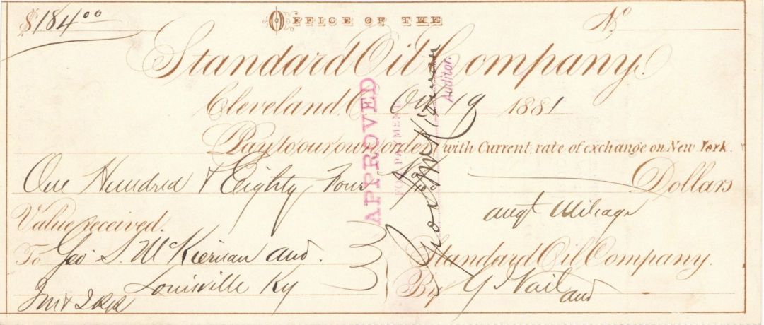 Standard Oil Co. of Ohio - 1870-80's dated Check of John D. Rockefeller's Historic Company - Cleveland, Ohio - Very Historic