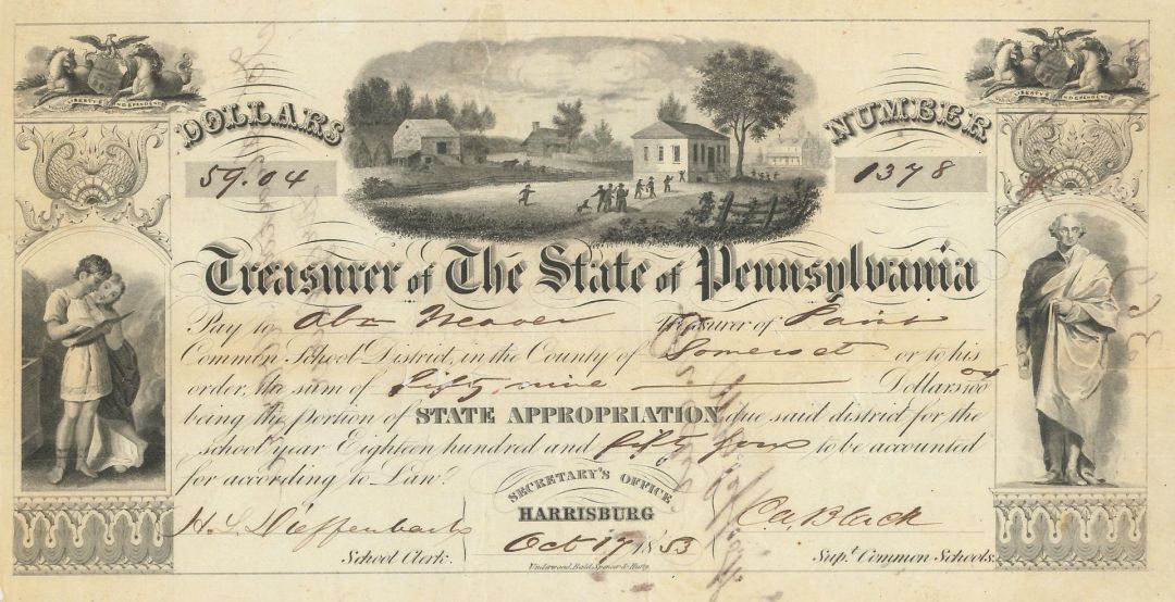 Treasurer of The State of Pennsylvania - 1850's dated Harrisburg Check