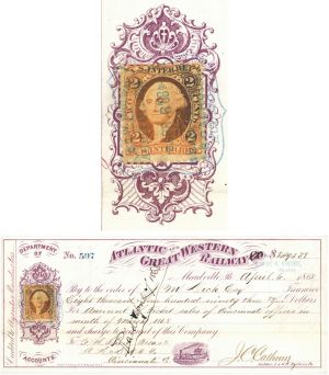 Atlantic and Great Western Railway - 1860's dated Railroad Check with U.S. Revenue Stamp
