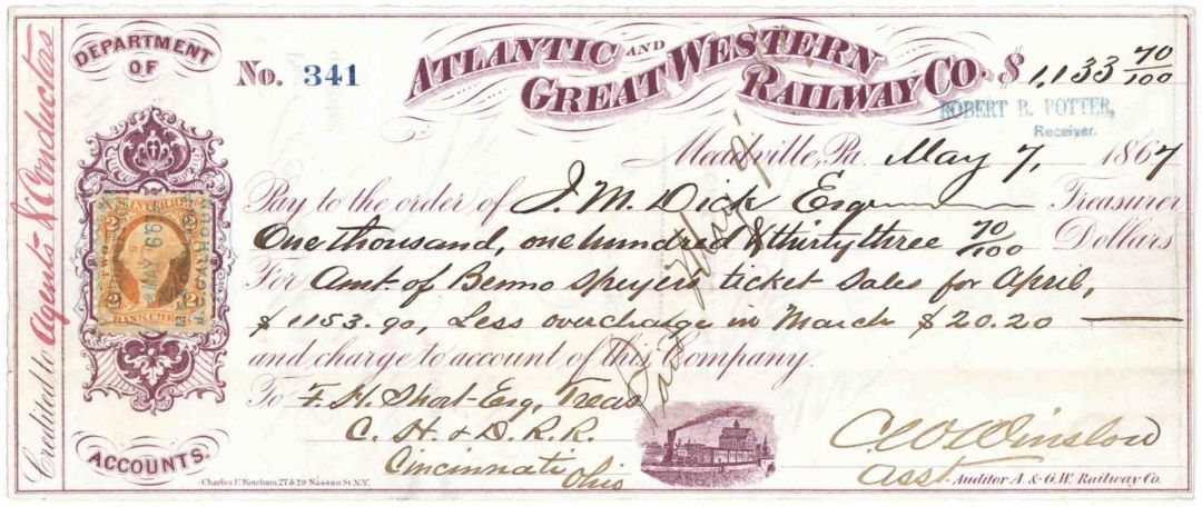 Atlantic and Great Western Railway - 1860's dated Railroad Check w/ U.S. Revenue