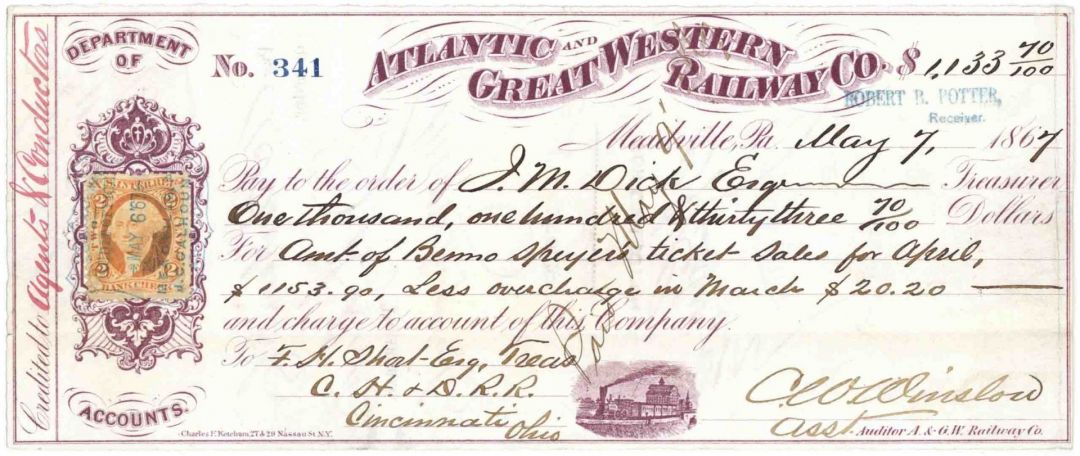 Atlantic and Great Western Railway - 1860's dated Railroad Check with U.S. Revenue Stamp