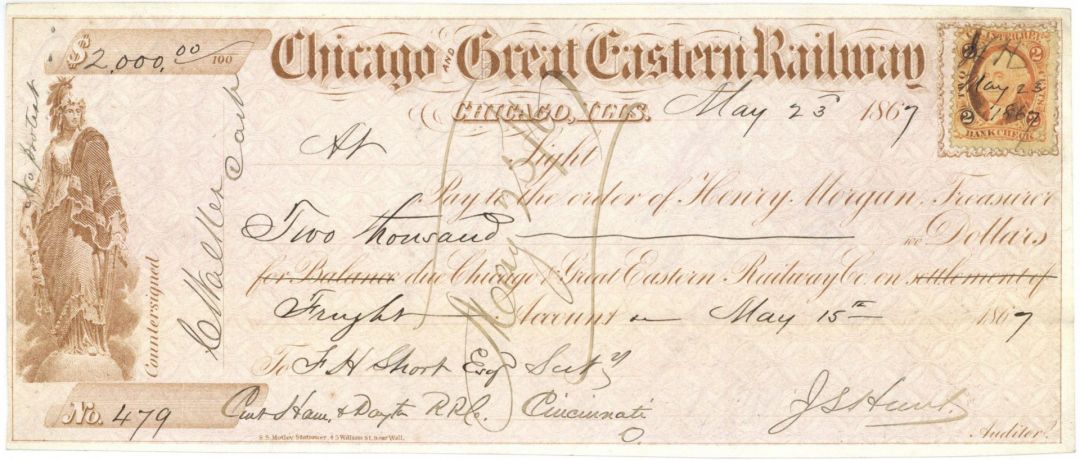 Chicago and Great Eastern Railway - 1860's dated Railroad Check w/ U.S. Revenue
