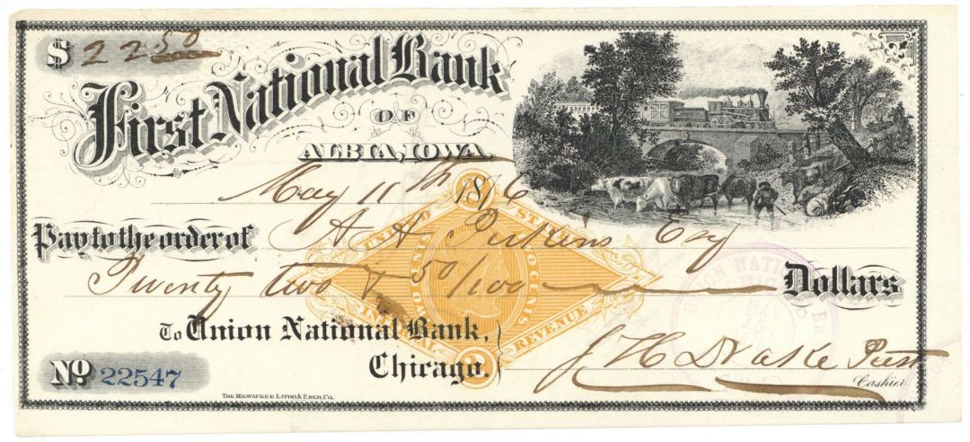 First National Bank of Albia - 1870's Albia, Iowa Check with Imprinted Revenue