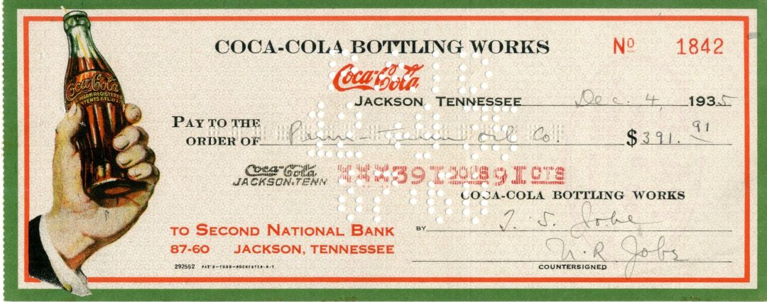 1930's dated Arcadia Coca-Cola Bottling Works (Coke) Bottle in Hand Check - Jackson, Tennessee