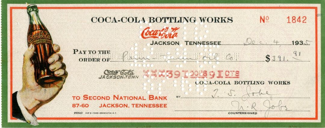1930's dated Jackson, TN Coca-Cola Bottling Works (Coke) Bottle in Hand Check - Jackson, Tennessee