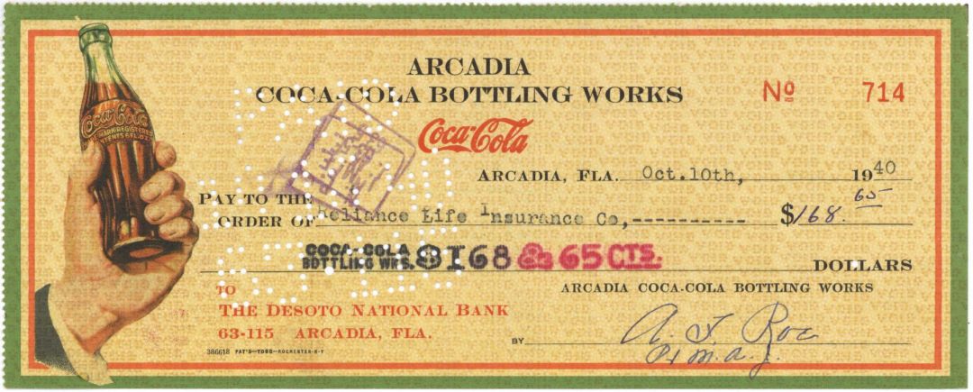 1940's dated Arcadia Coca-Cola Bottling Works (Coke) Bottle in Hand Check - Arcadia, Florida