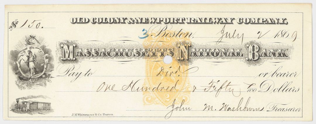 Old Colony and Newport Railway Co. - 1880's dated Massachusetts Railroad Check