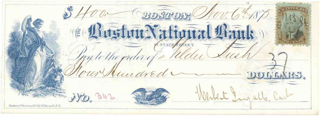 Boston National Bank - 1870's dated Check with Revenue Stamp
