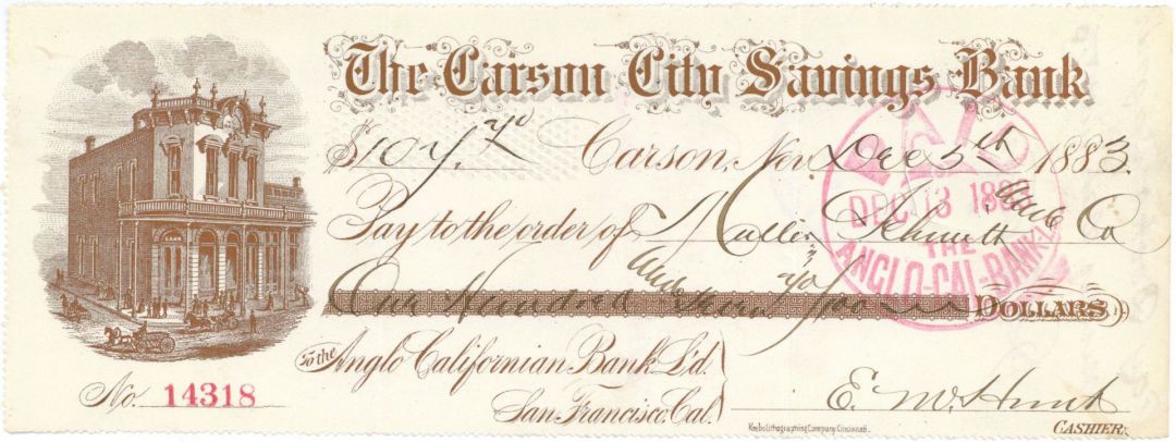 Carson City Savings Bank - 1880's dated Carson City, Nevada Check