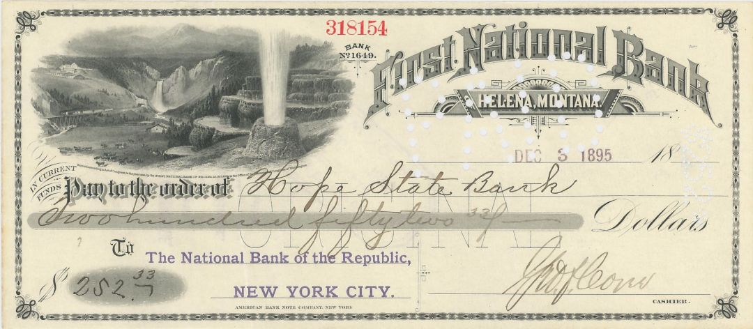 First National Bank of Helena, Montana - 1880's-90's dated Check - Americana - Issued to Various Banks at Lower Left