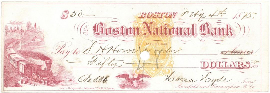 1875 dated Boston National Bank Check for the Mansfield and Framingham Railroad - Railway Check with Imprinted Revenue