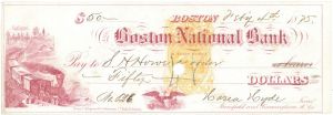 1875 dated Boston National Bank Check for the Mansfield and Framingham Railroad - Railway Check with Imprinted Revenue
