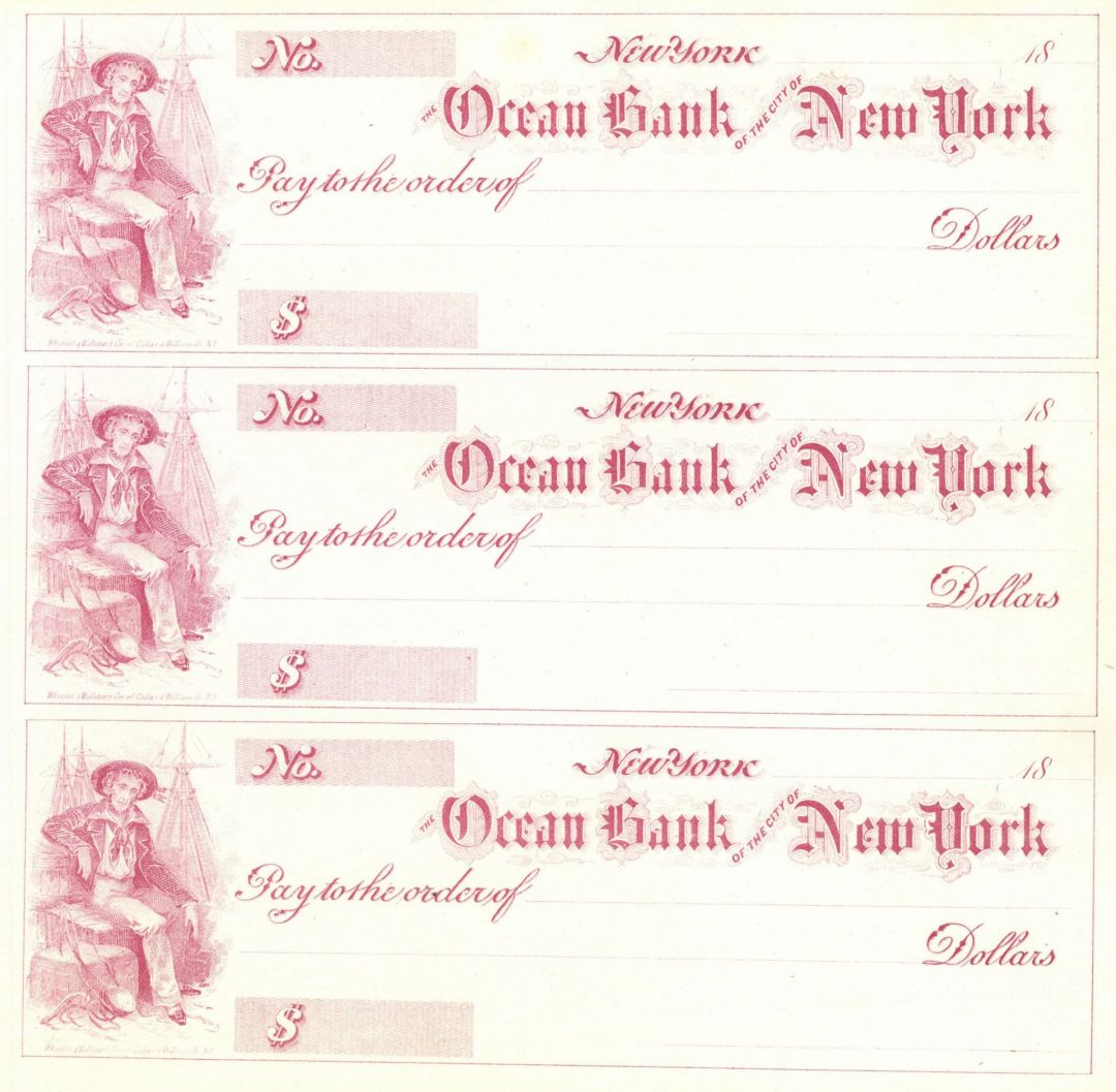 Sheet of 3 Checks - 1800's dated Ocean Bank of the City of New York - Very Interesting Bank Robbery Story