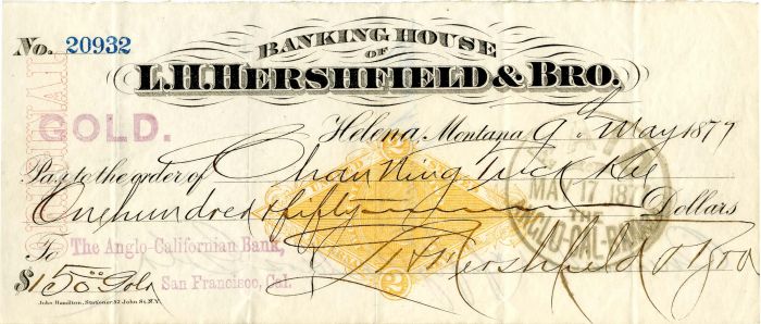 Banking House of L.H. Hershfield and Bro. - Check