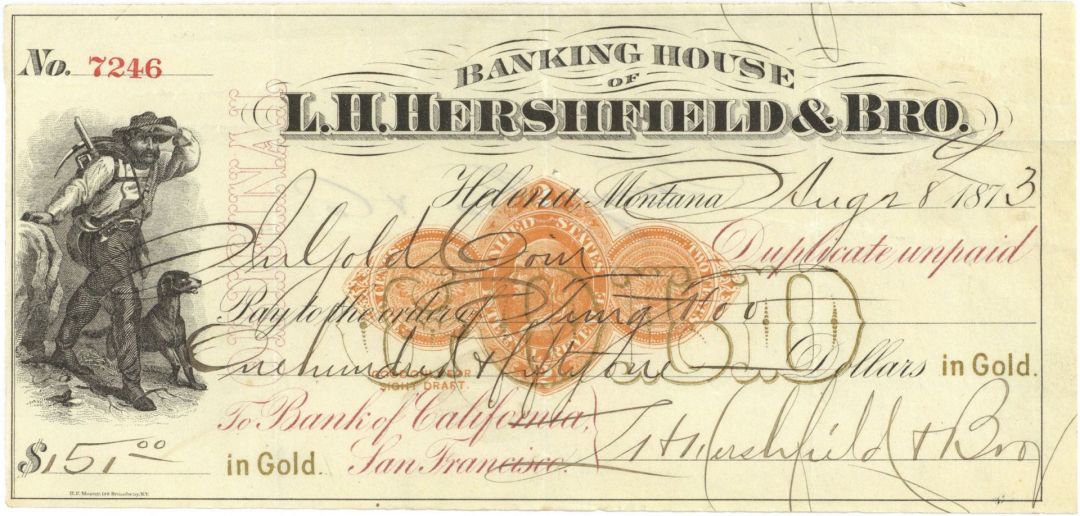Banking House of L.H. Hershfield and Bro. - 1873 dated IN GOLD Bank Check - Imprinted Revenue