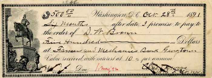 Washington, D.C. - 1891 dated Check - Washington on Horseback Monument