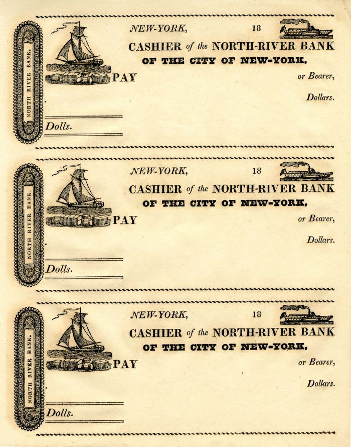 North River Bank of the City of New York - Uncut Sheet of 3 Checks