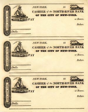 North River Bank of the City of New York - Uncut Sheet of 3 Checks