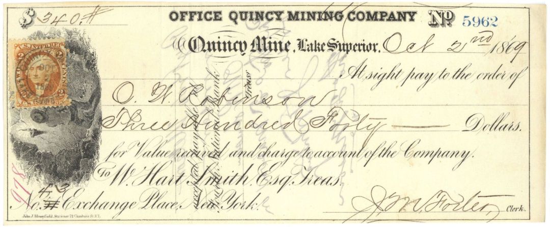 Office of Quincy Mining Co. - 1860's dated Check - Quincy Mine, Lake Superior, Michigan