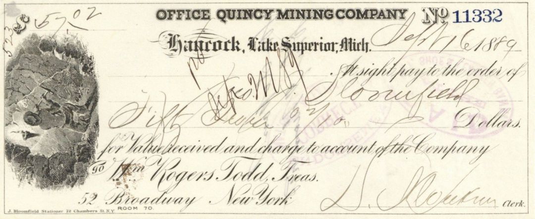 Office of Quincy Mining Co. - 1880's dated Check - Quincy Mine