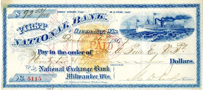 First National Bank of Green Bay, Wisconsin -  1867 dated Gorgeous Blue Check