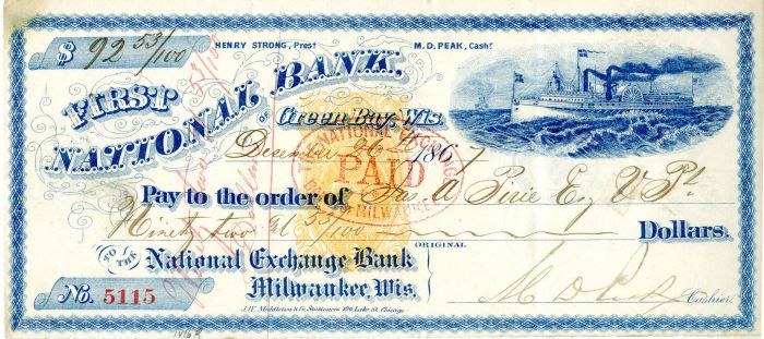 First National Bank of Green Bay, Wisconsin - 1867 dated Gorgeous Blue Check