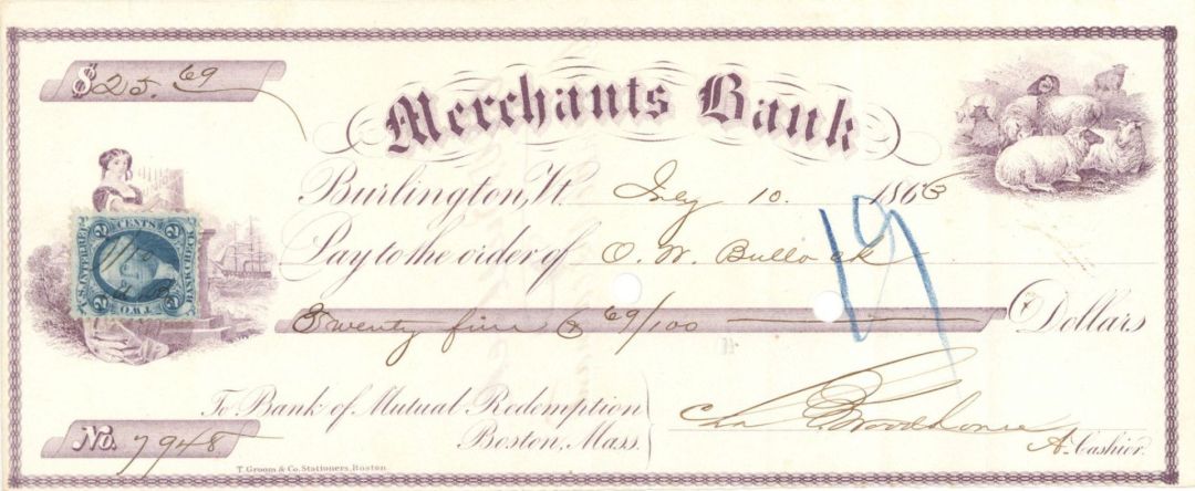 Merchants Bank - 1863 dated $25.69 Check - Burlington, Vermont