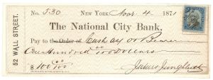 National City Bank - dated 1870's Check with Revenue - 52 Wall Street, New York, New York