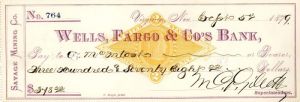 Wells Fargo and Co's Bank - 1879 dated Check - Virginia, Nevada - Savage Mining Co.